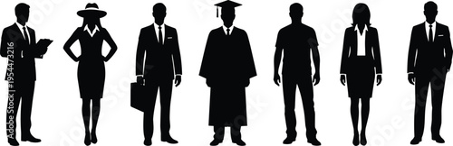 Diverse career silhouettes set featuring university graduate in cap and gown with business professionals and casual people isolated on white background.