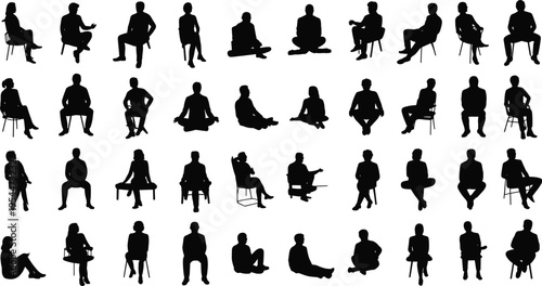 PrintSeated people silhouettes, various sitting postures, ergonomic positions, human body language, black illustration grid, design reference