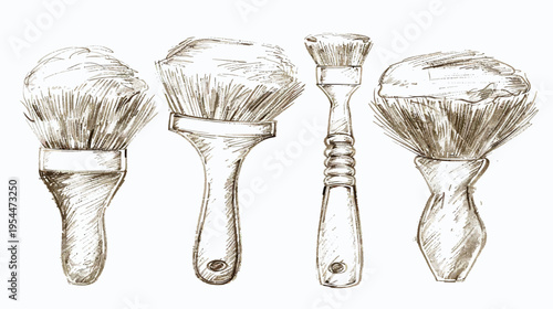 A monochrome sketch of four paintbrushes in varying shapes and sizes, aligned neatly