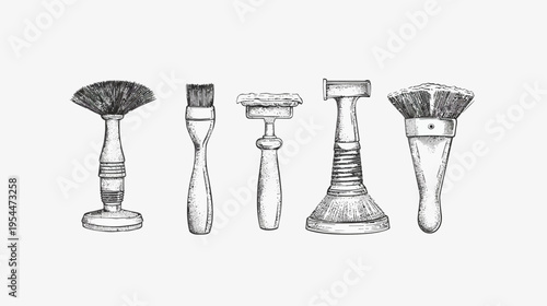 Antique-styled hand-drawn illustration of various brushes and a shaving tool
