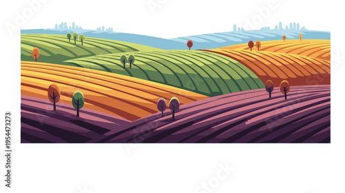 Vibrant illustration of rolling hills with trees and fields in a rural landscape scene