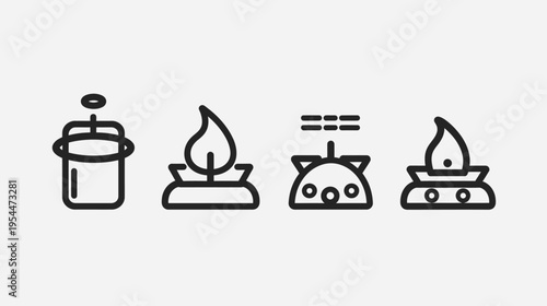 Four line icon representations of items, lit lamp, oil burner and diffuser