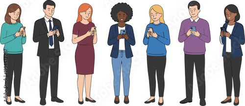 Diverse group of young professionals and people standing while using smartphones and mobile devices flat vector illustration.