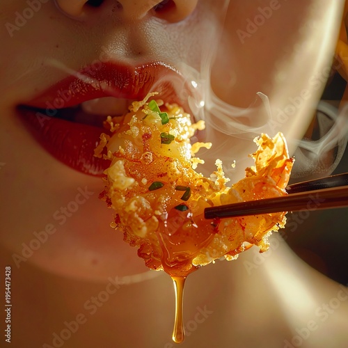 A hyper-realistic macro shot capturing a sensual, honey-drizzled tempura shrimp being eaten. The crispy texture contrasts vividly with glossy, wet lips.