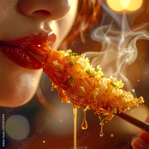 A hyper-realistic macro shot capturing a sensual, honey-drizzled tempura shrimp being eaten. The crispy texture contrasts vividly with glossy, wet lips.