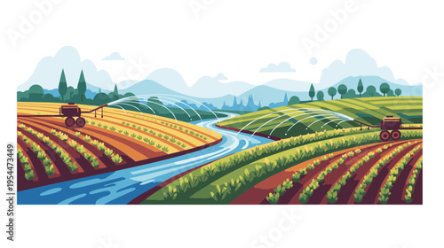 Tractors cultivate vibrant crops alongside a serene river in a picturesque landscape.