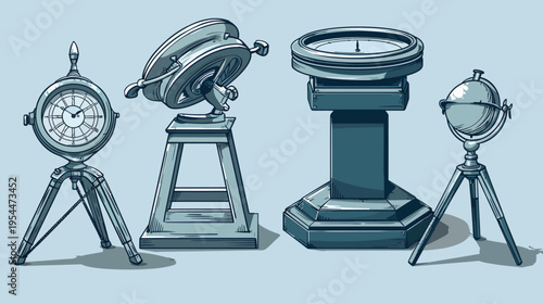 Retro illustration of four objects clock, gyroscope, compass, globe, all blue