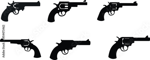 Revolver gun silhouette collection with classic handgun shapes in different styles, vintage firearm icons set for security, western theme, weapon illustration design
