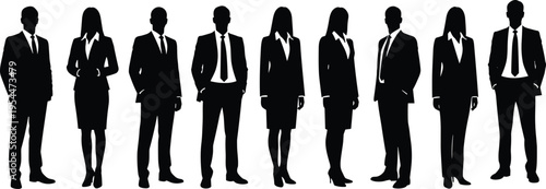 Large diverse group of professional business executive silhouettes in formal suits standing together isolated on white background.