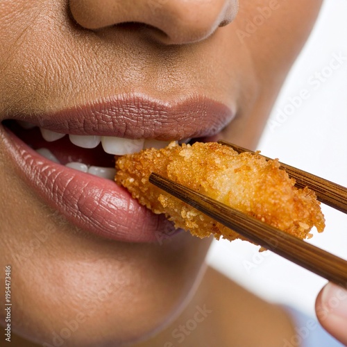 A detailed close-up shot of a woman with pinkish lips about to take a bite of a golden, crispy, deep-fried breaded snack held by wooden chopsticks
