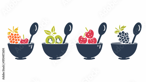 Stylized illustration of four bowls of fruit with spoons
