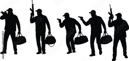 PrintSilhouette armed men with guns, rifles, duffel bags, crime concept, security threat illustration vector