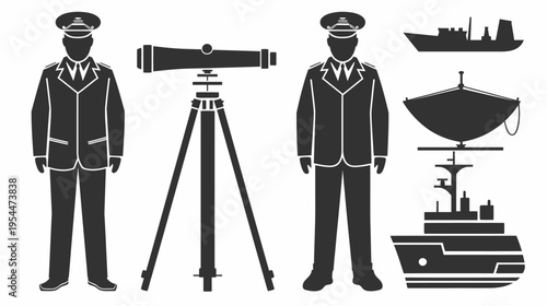 Maritime scene with ship captains, telescope, and ship silhouettes in monochrome