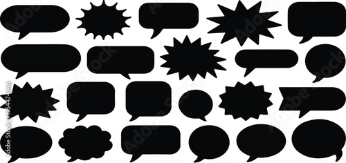 Comic speech bubbles and explosion shapes outline set in pop art style, cartoon dialog elements vector illustration