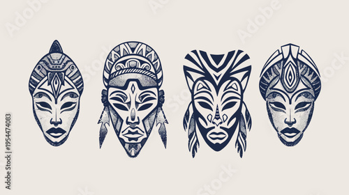 Four tribal masks are illustrated with detailed geometric patterns on a light background