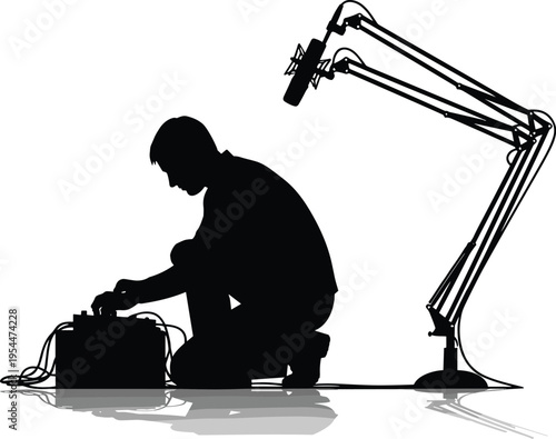 PrintSilhouette audio technician adjusting sound equipment, recording studio setup illustration, microphone arm concept, music production art
