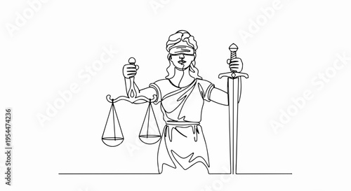 Justitia goddess of justice holding scales and sword standing blindfolded in formal attire symbolizing law and order