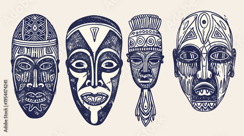 Four stylized, textured African masks in dark blue against a pale background
