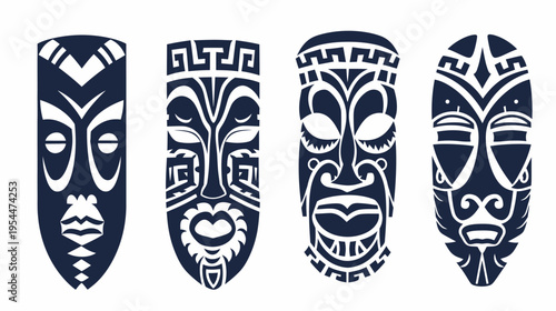 Set of four blue vector tribal masks with unique abstract designs on a white background