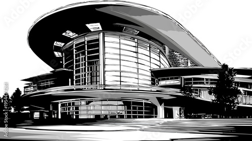 Stylized modern architecture building with large glass windows and striking curved roof