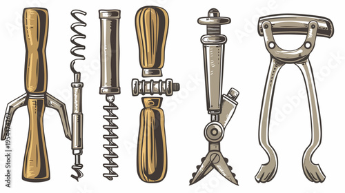 A row of five stylized corkscrews in varying designs, handles of wood and metal parts