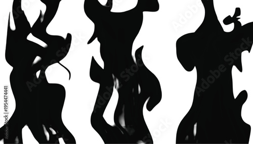 Three vertical columns of black liquid rise upward forming distinct abstract shapes against white space.