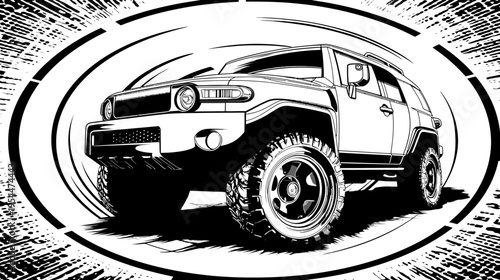 Stylized monochrome illustration of a SUV with rough tire treads and oval frame