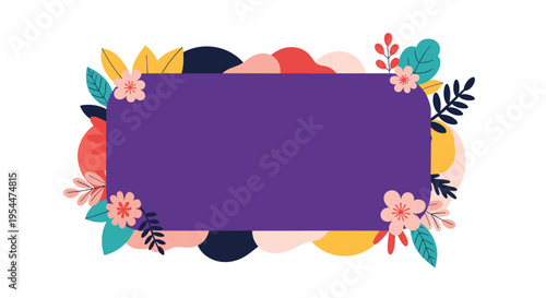 Vibrant purple rectangular frame decorated with colorful flowers and abstract leaf shapes ideal for greeting cards or social media posts.
