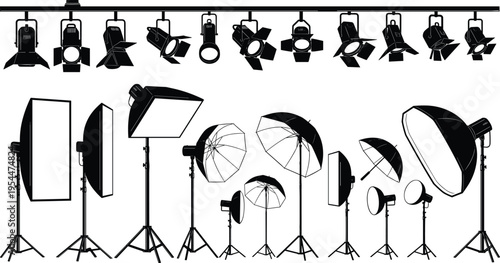 Photography studio lighting equipment set with softboxes, spotlights, umbrellas and professional stage lights in detailed black silhouette illustration