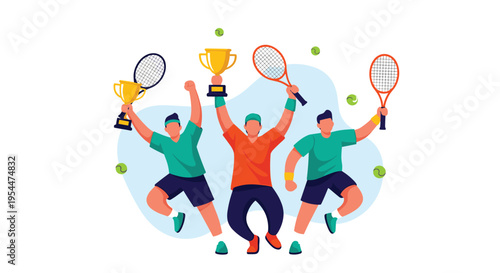 Team of three energetic tennis players celebrating a victory while holding rackets and golden championship trophies on a blue background.