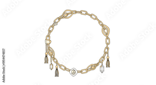 Elegant golden chain necklace featuring various unique links crystal pendants and decorative tassels arranged in a circular shape on white.