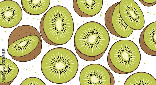 Vibrant pattern showcasing multiple green kiwi slices with black seeds and fuzzy brown skin arranged in a dense repeating fruit composition.