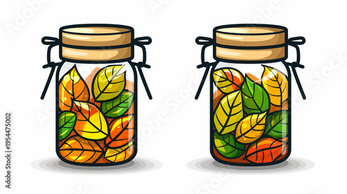 Two jars filled with colorful leaves, sealed with a wooden lid on a white background