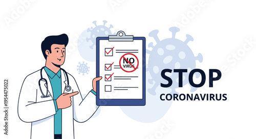 Male doctor in a white coat pointing to a medical clipboard with a no virus sign as part of a stop coronavirus campaign message.