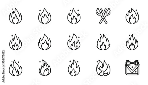 Fifteen thin line art icons illustrate different styles of flame symbols for heat and combustion warnings on.