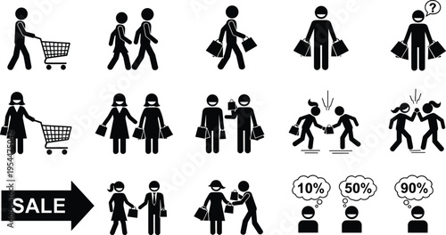 Shopping behavior icons set showing customers with carts, bags, discounts and purchase decisions in simple black silhouette business illustration