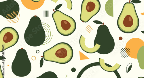 Modern abstract pattern featuring whole and sliced avocados combined with geometric shapes like circles and lines in earthy green tones.