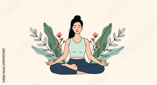 Calm young woman practicing yoga in a lotus position surrounded by soothing green leaves and pink flowers on a soft peach background.