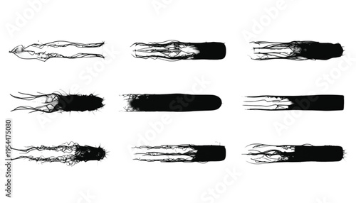 Nine distinct black ink brush strokes show varied textures and spreading liquid motion across a white.