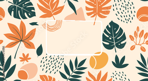 Stylish composition of various tropical leaves in orange and dark green shades with abstract dots and a white rectangular frame.