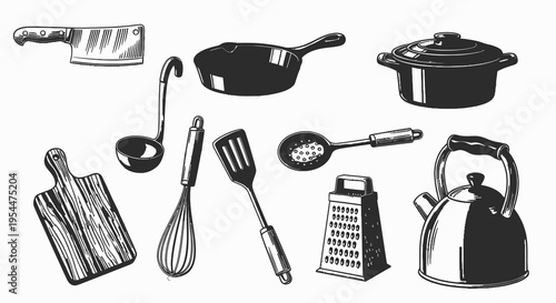 Vintage Style Kitchenware and Cooking Utensils Illustration