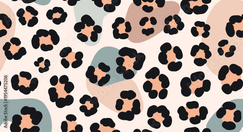 Trendy leopard skin pattern with black spots and pink centers over a background of soft blue and brown abstract organic shapes.