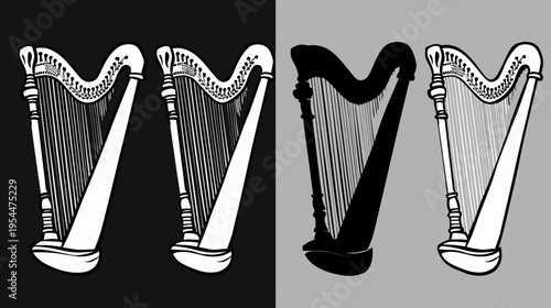 A divided monochrome illustration featuring four harps against black and gray backgrounds