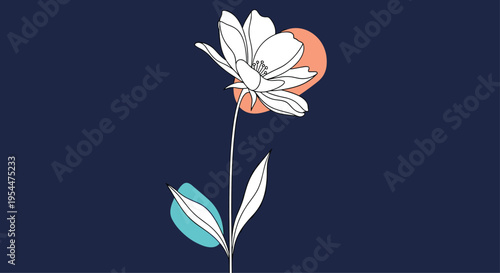 Elegant minimalist drawing of a single white flower on a long stem with abstract blue and orange circles on a dark navy background.