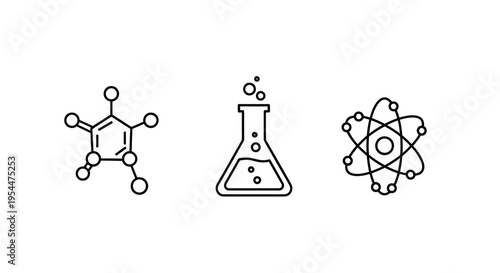 Molecular structures and laboratory equipment in a simple silhouette