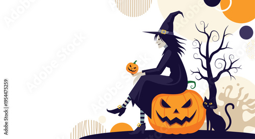 Halloween illustration of a witch in a black dress and hat sitting on a carved pumpkin with a black cat and a spooky tree.
