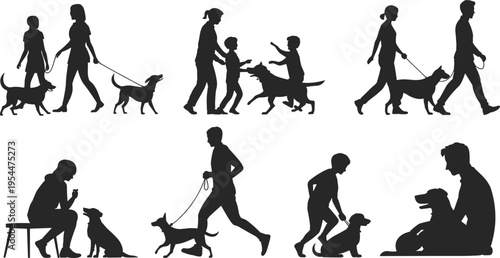 Collection of human silhouettes walking and interacting with dogs, showcasing pet ownership, training, family bonding, outdoor lifestyle, and daily routines with canine companions