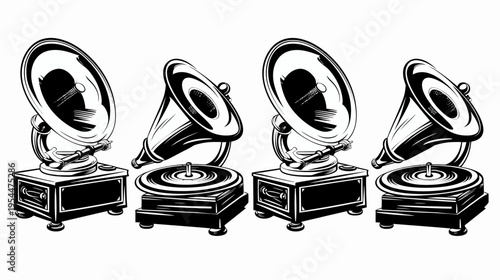 Four vintage phonographs, in black and white, with horns and vinyl records
