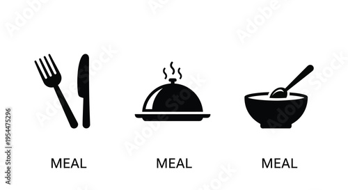 Black flatware and food icons arranged in a simple line silhouette