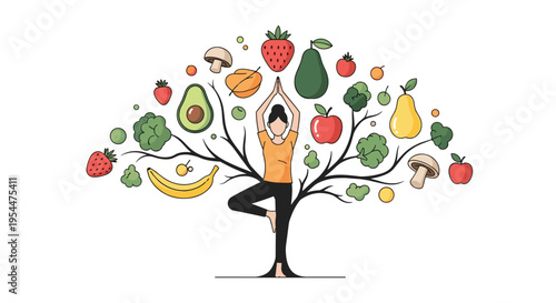 Woman in a yoga tree pose with her arms raised becoming the trunk of a tree flourishing with various fruits and vegetables.